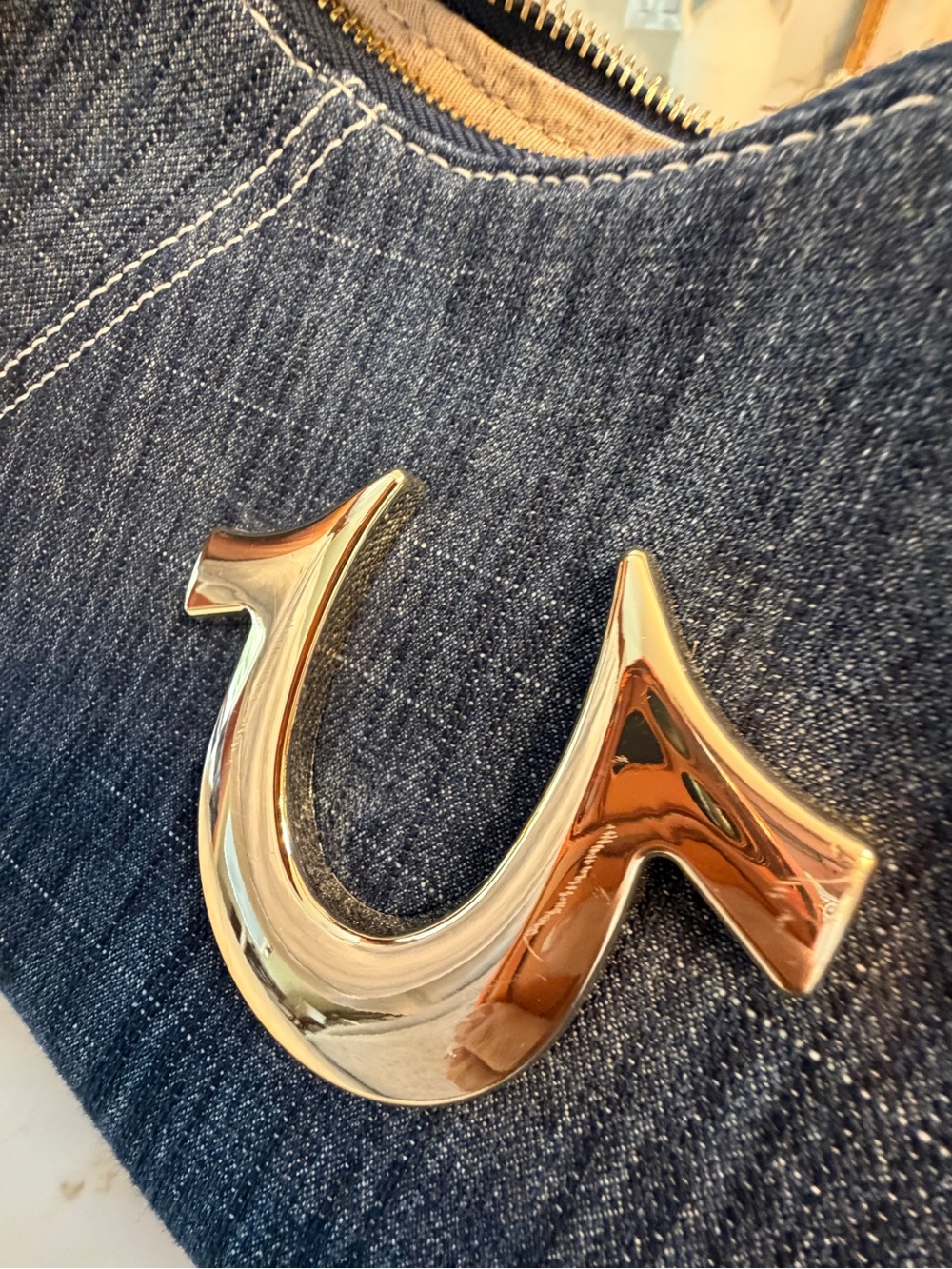 True Religion Dark Blue Denim Hobo with Brown Trim and Gold Logo - Picture 4 of 11